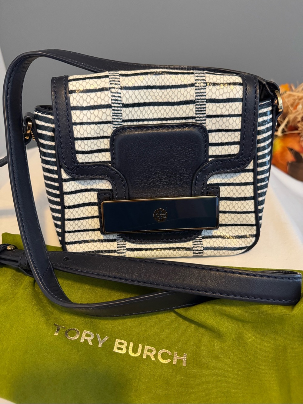Tory Burch Navy White Snakeskin Leather Resin Crossbody Bag